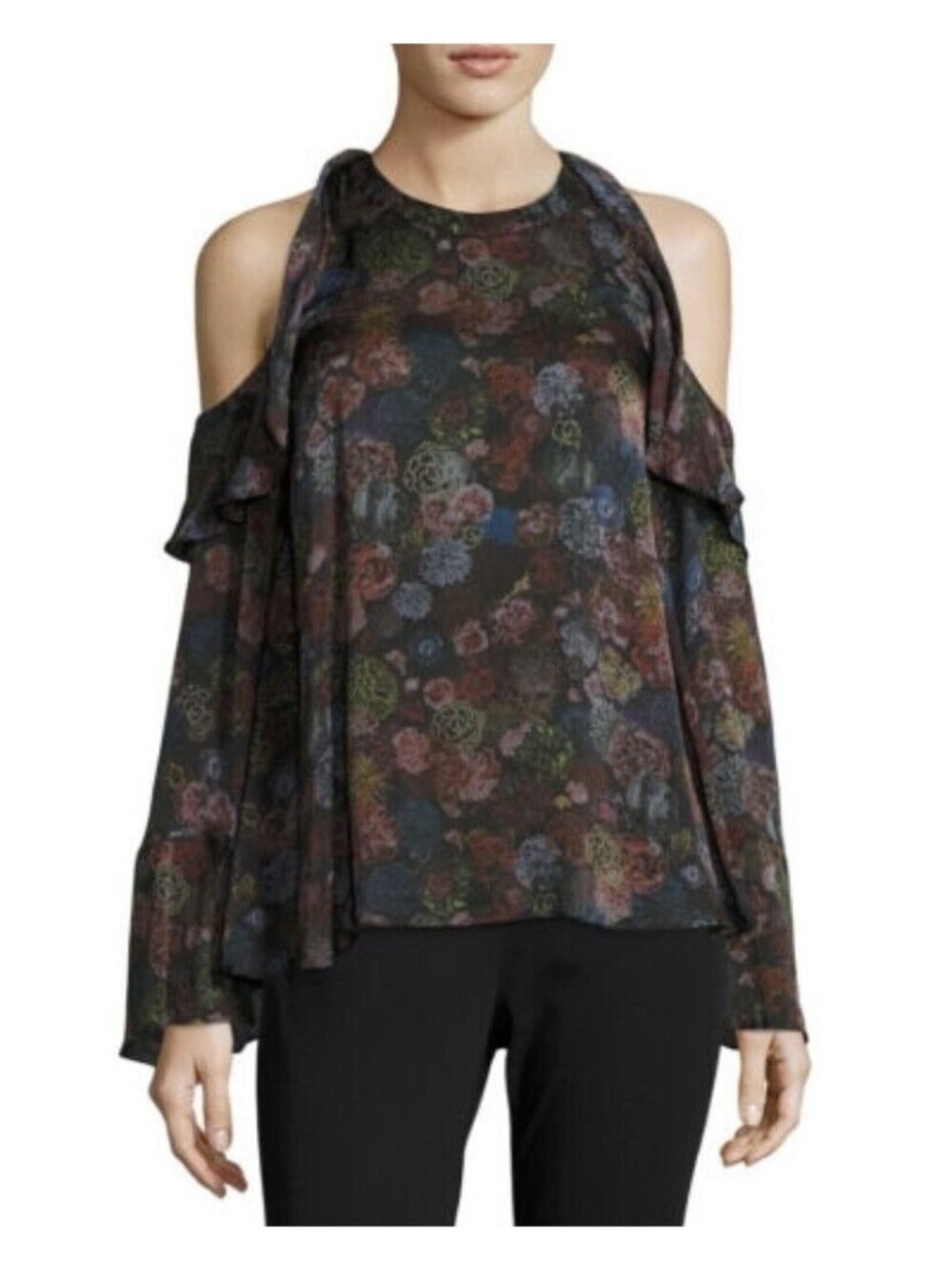 IRO Womens Top Silk Cold Shoulder Floral Blouse Peasant Cut Out Ciclan Size 40